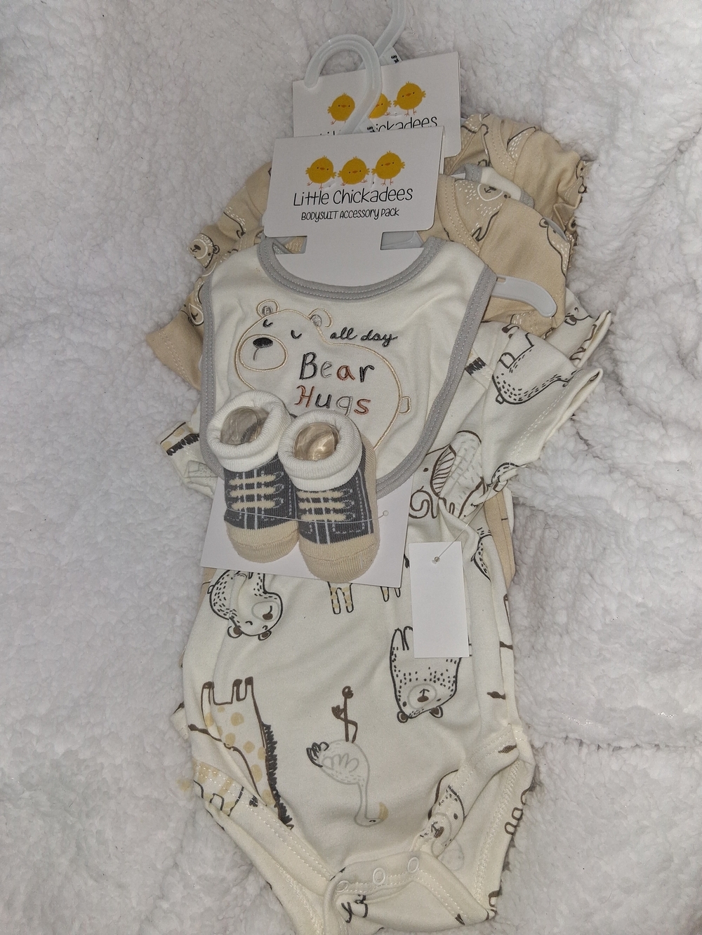 Cream Bear Hugs One-Piece Bodysuit with Bib & Booties